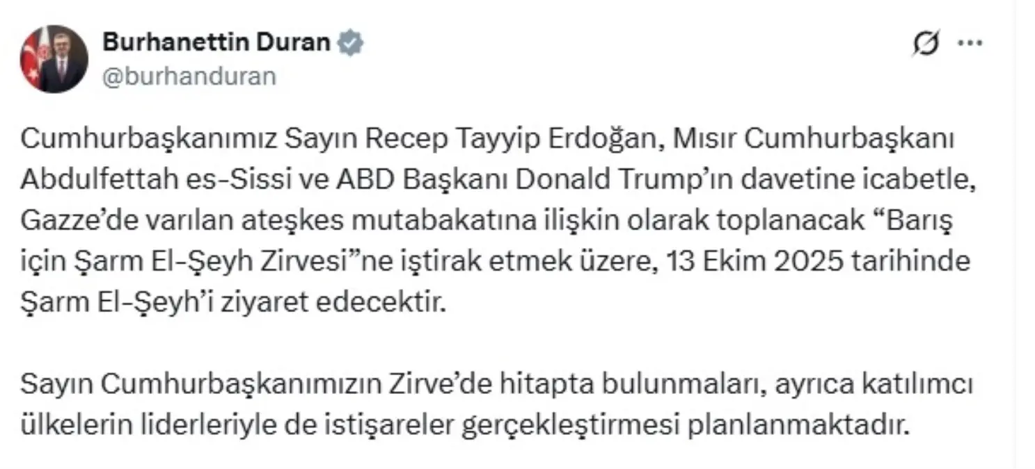 Cumhurbaşkanı Erdoğan, Barış Zirvesi İçin Mısır’a Gidiyor